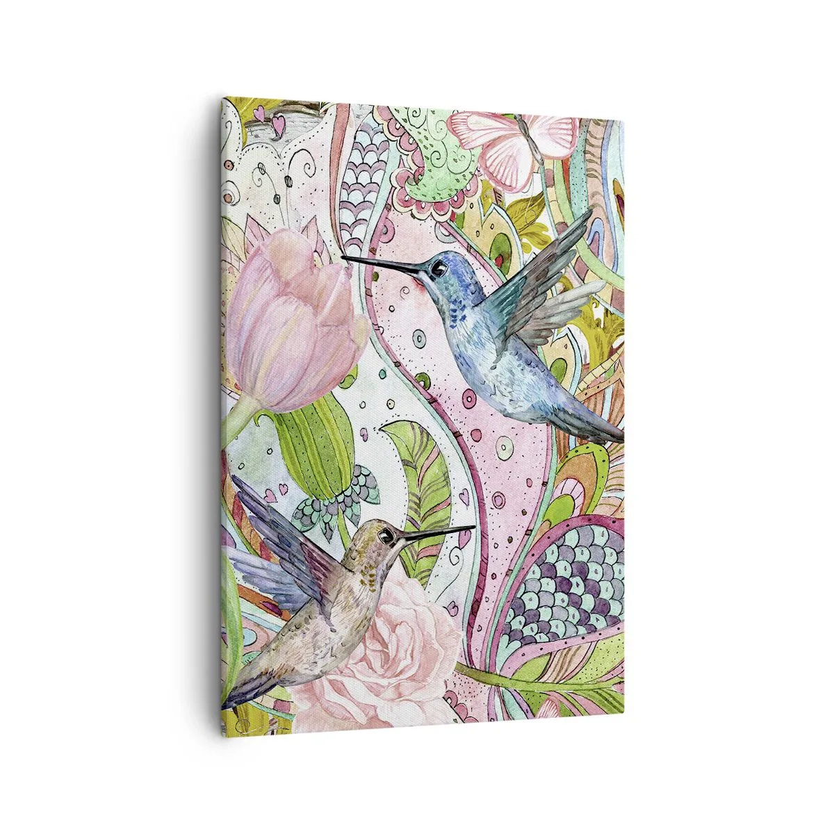Cuadro sobre lienzo - Impresión de Imagen - Colibríes y mariposas coloridos entre las plantas. - 50x70cm - Enredado en las vides - Decoración de pared moderna para salón y dormitorio ARTTOR