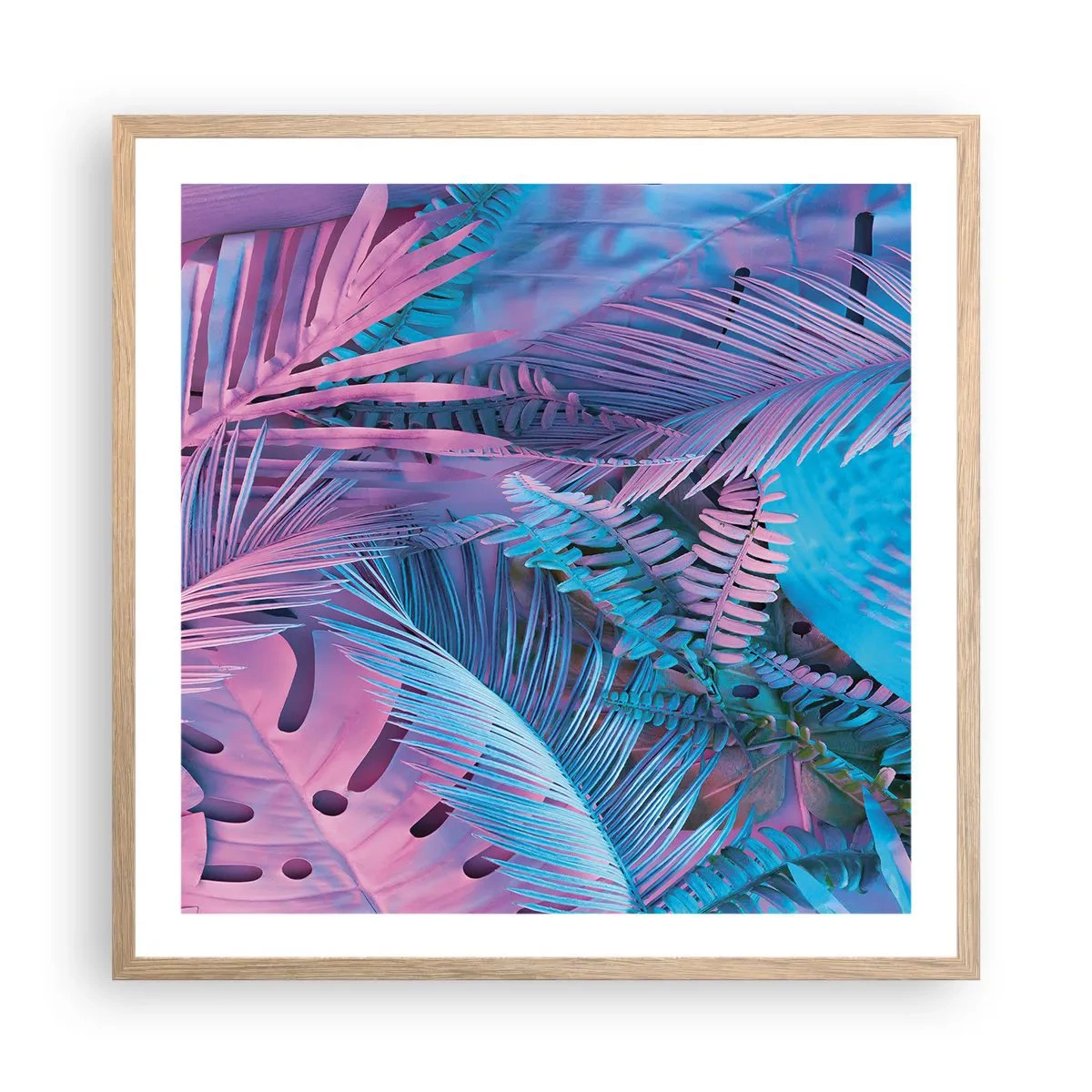 Póster en marco roble claro - Trópicos en rosa y azul - 60x60 cm