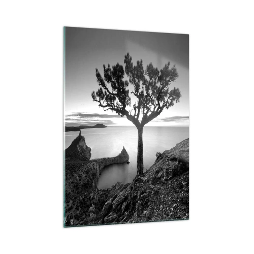 Cuadro sobre vidrio - Impresiones sobre Vidrio - Un árbol en un acantilado con vistas a la bahía. - 50x70cm - Calma hasta el horizonte - Decoración de pared moderna para salón y dormitorio ARTTOR