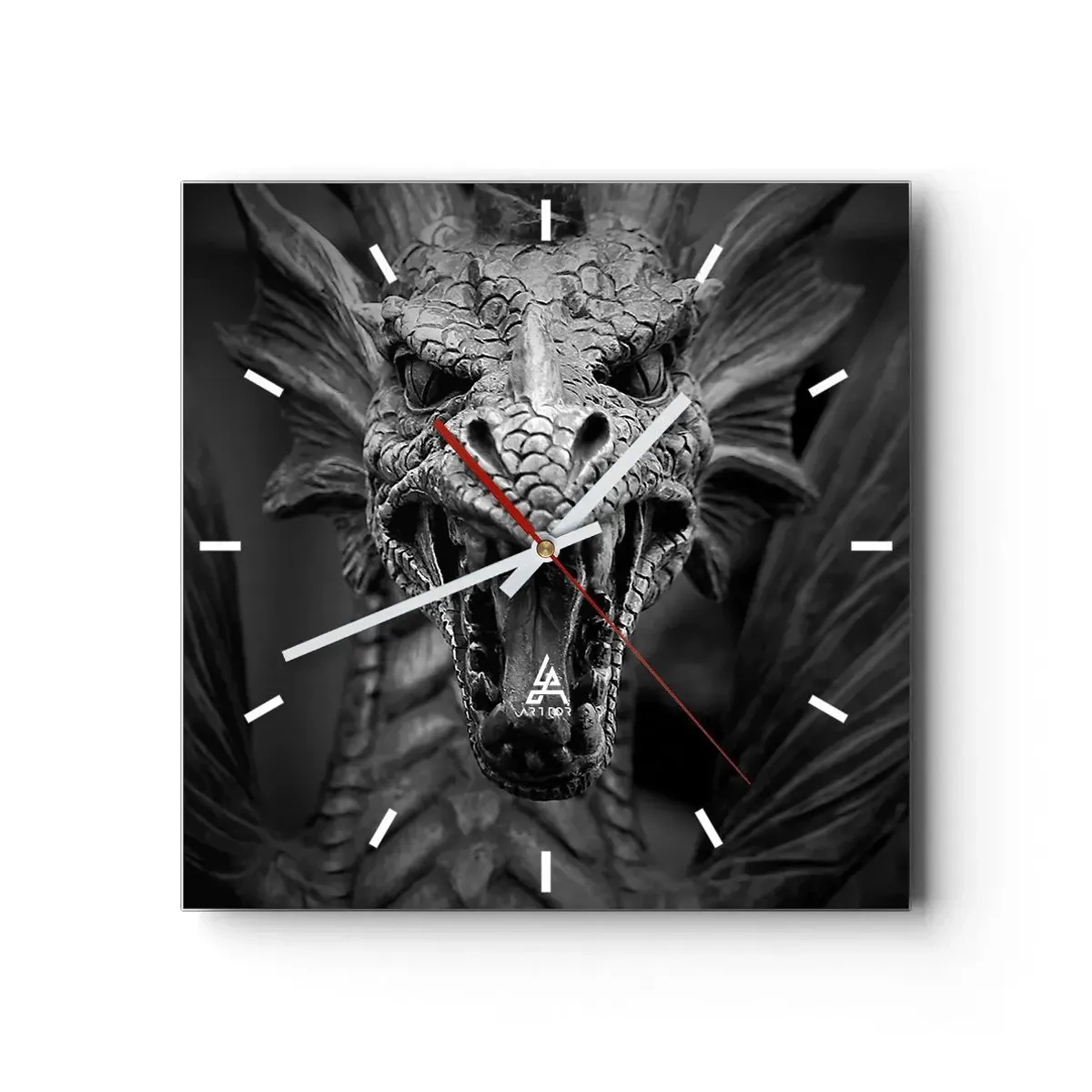 Reloj de pared - Reloj de vidrio - Dragón de cuento de hadas en gris - 40x40 cm