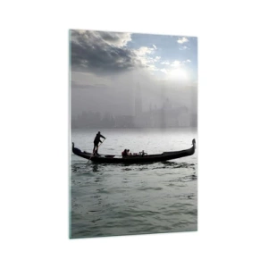 Cuadro sobre vidrio - Impresiones sobre Vidrio - Una góndola se desliza por las aguas de Venecia en una mañana brumosa, con vistas a la ciudad. - 70x100cm - Una fabulosa ciudad de agua y niebla - Decoración de pared moderna para salón y dormitorio ARTTOR