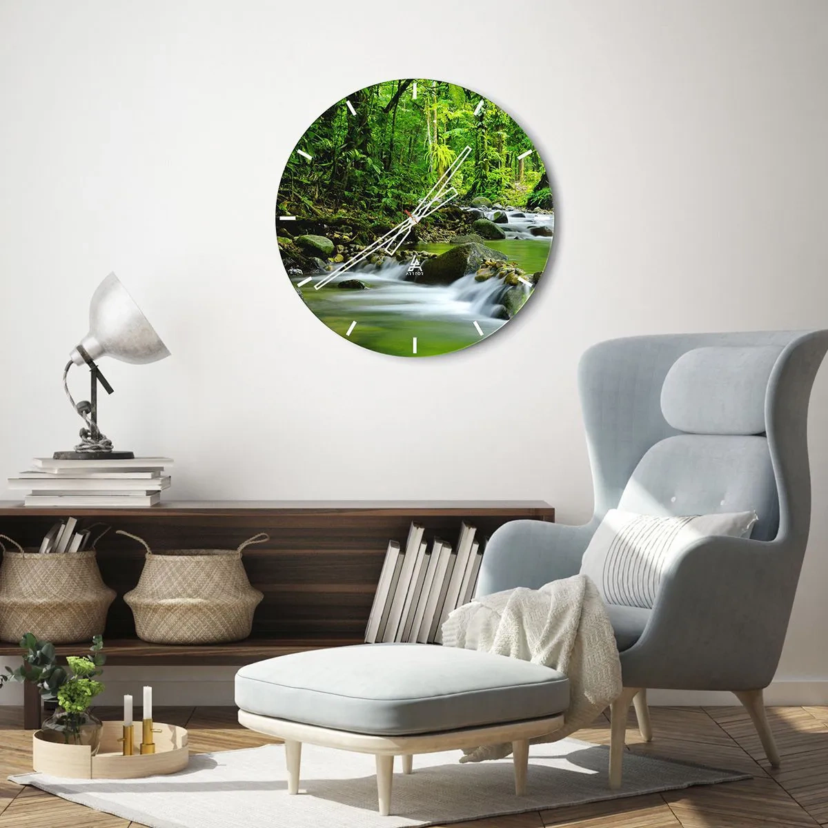 Reloj de pared - Reloj de vidrio - Un arroyo en una selva tropical - 30x30cm - Flotar en un mar de verde - Decoración de pared moderna para salón, cocina y dormitorio ARTTOR