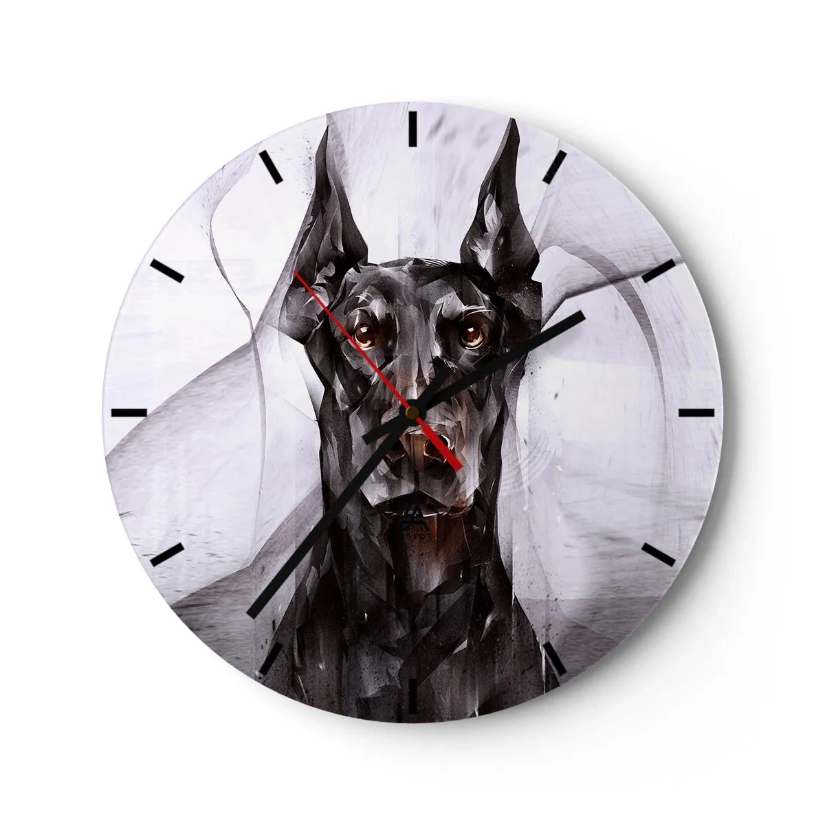 Reloj de pared - Reloj de vidrio - Retrato de un dóberman en un estilo geométrico moderno - 30x30cm - Nacido noble - Decoración de pared moderna para salón, cocina y dormitorio ARTTOR