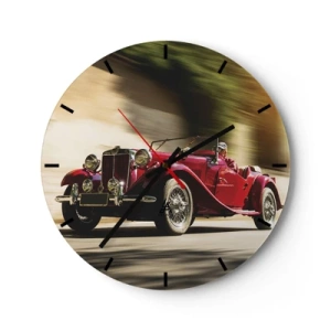 Reloj de pared - Reloj de vidrio - Coche deportivo clásico rojo en movimiento dinámico. - 30x30cm - Hermosa pieza de museo - Decoración de pared moderna para salón, cocina y dormitorio ARTTOR