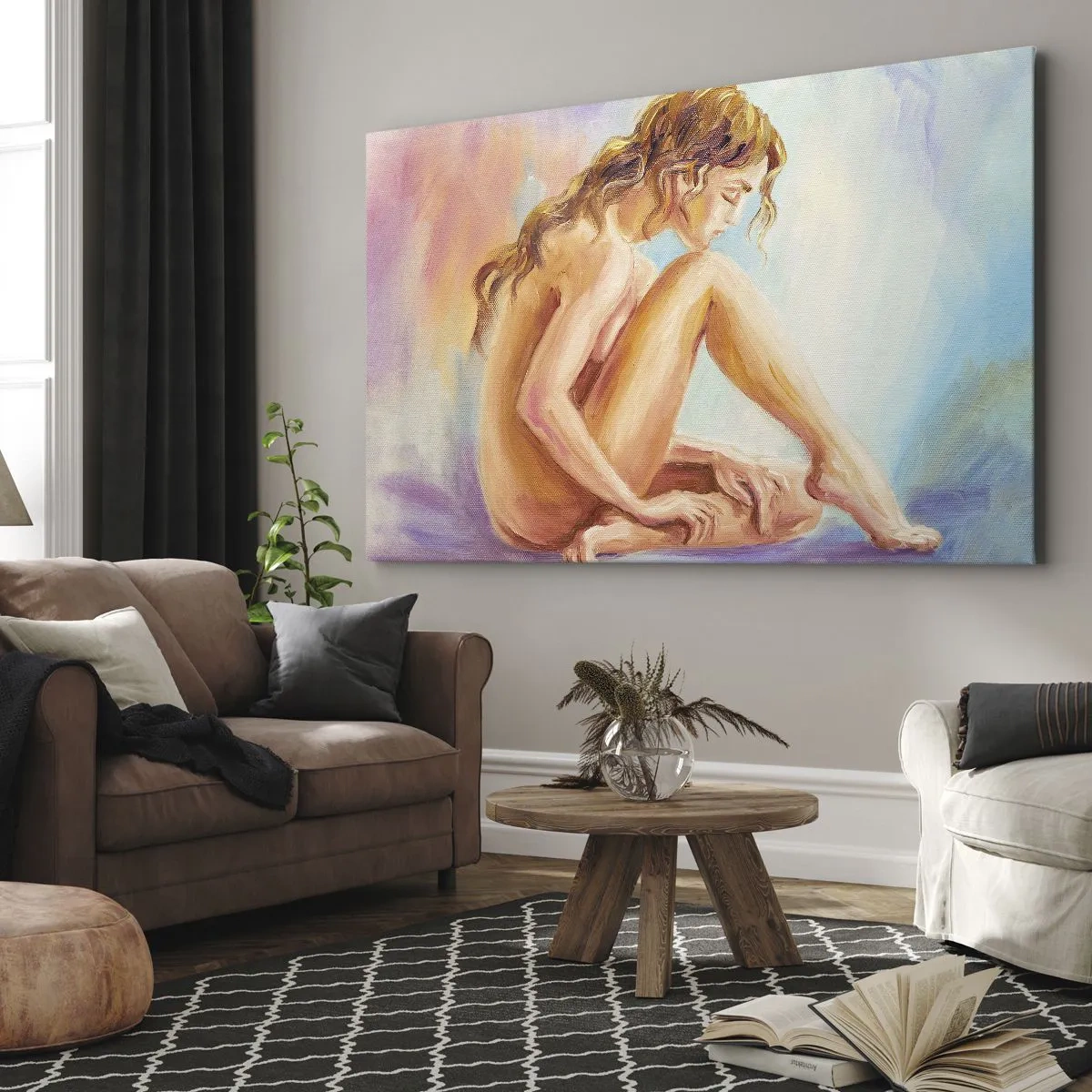 Cuadro sobre lienzo - Impresión de Imagen - Una delicada figura de una mujer sobre un fondo pastel. - 70x50cm - Acto de juventud - Decoración de pared moderna para salón y dormitorio ARTTOR