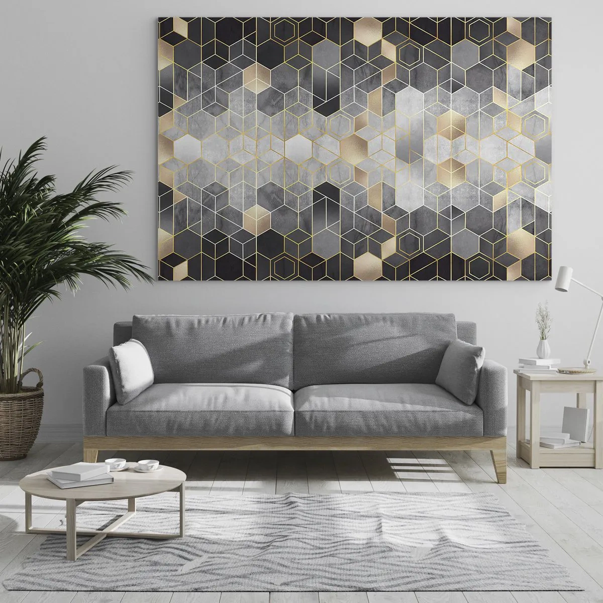 Cuadro sobre vidrio - Impresiones sobre Vidrio - Patrón geométrico de hexágonos en líneas doradas. - 120x80cm - Composición de diamantes - Decoración de pared moderna para salón y dormitorio ARTTOR