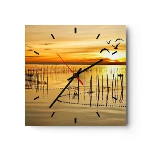 Reloj de pared - Reloj de vidrio - Puesta de sol sobre el agua con pájaros en vuelo - 30x30cm - Horizonte naranja - Decoración de pared moderna para salón y dormitorio ARTTOR