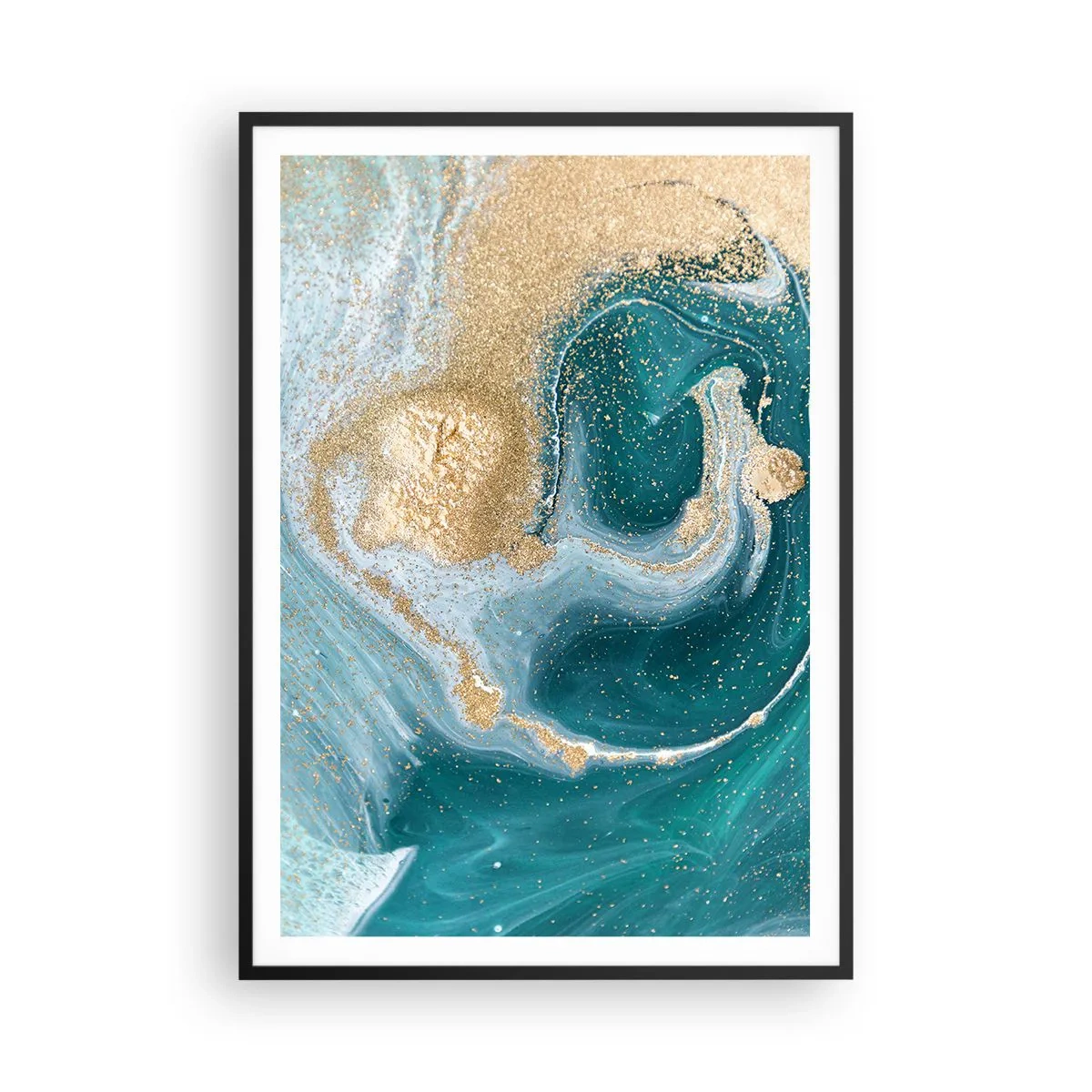 Póster en marco negro - Un remolino de oro y turquesa - 70x100 cm