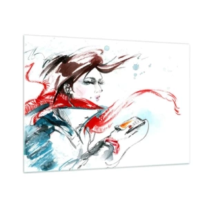 Cuadro sobre vidrio - Impresiones sobre Vidrio - Una mujer con un pañuelo rojo con detalles dinámicos y esquemáticos. - 100x70cm - Algo suena dentro de mí - Decoración de pared moderna para salón y dormitorio ARTTOR