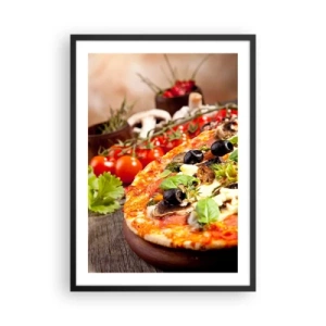Póster en marco negro - Pizza con aceitunas y hierbas con ingredientes frescos. - 50x70cm - De ingredientes puros - Decoración de pared moderna para salón y dormitorio ARTTOR