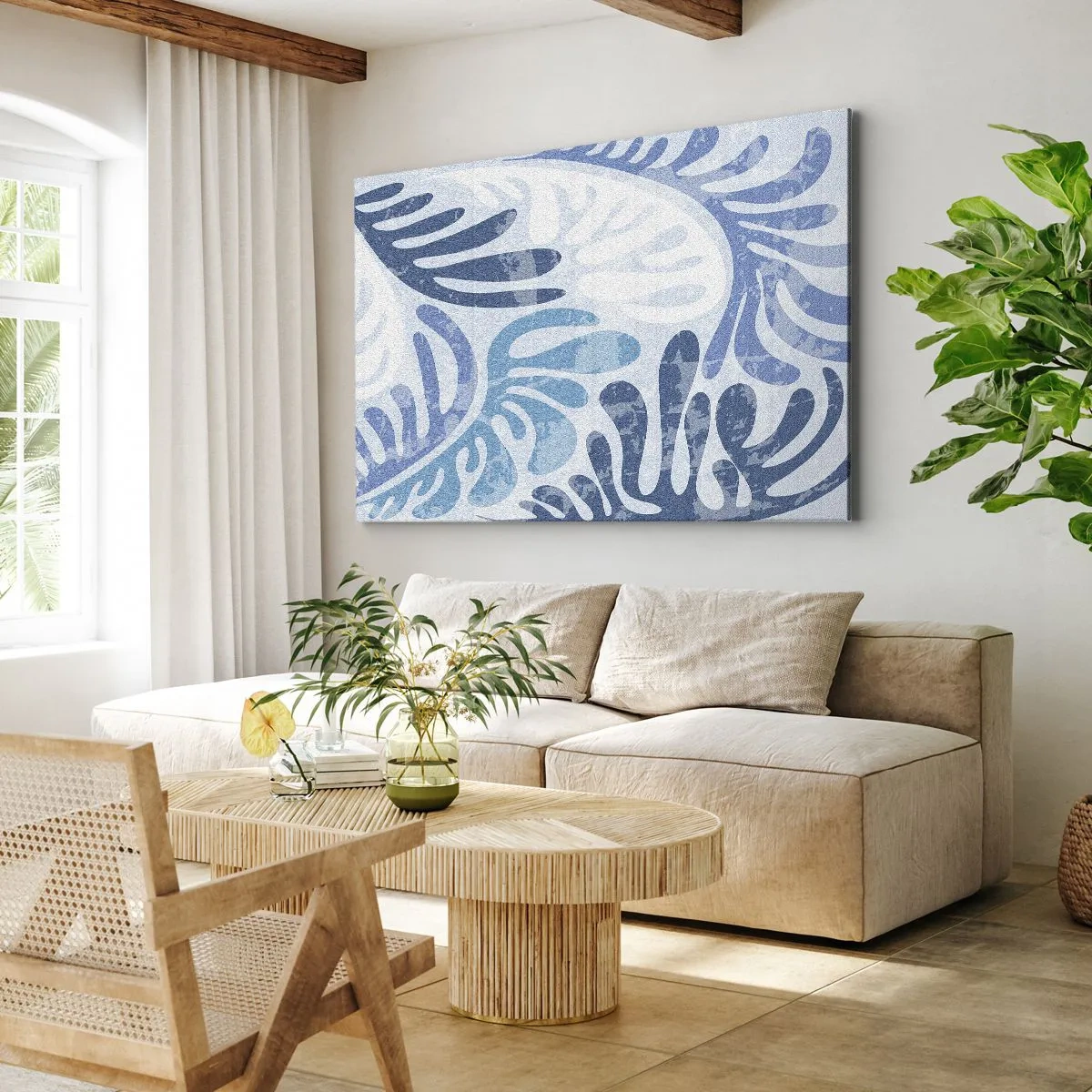 Cuadro sobre lienzo - Impresión de Imagen - Formas abstractas en tonos azules sobre un fondo blanco. - 70x50cm - Helechos azules - Decoración de pared moderna para salón y dormitorio ARTTOR