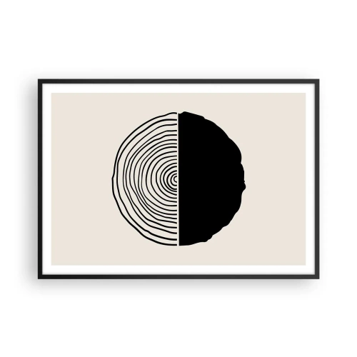 Póster en marco negro - Un motivo abstracto en blanco y negro inspirado en una sección transversal de madera con una división geométrica. - 100x70cm - Mitad y mitad - Decoración de pared moderna para salón y dormitorio ARTTOR