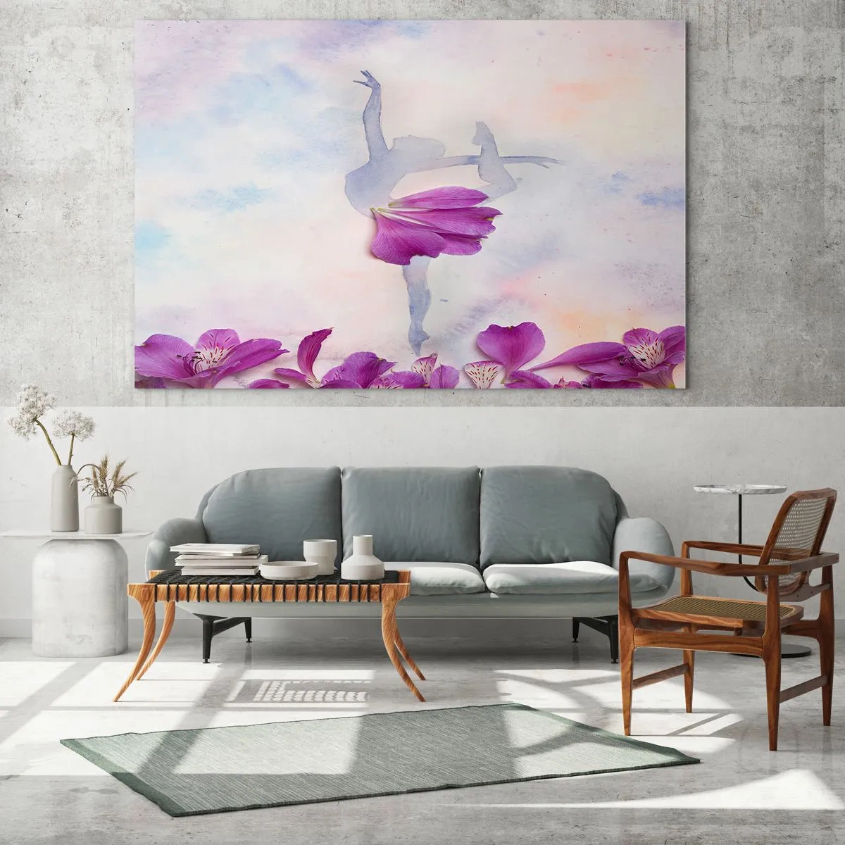 Cuadro sobre vidrio - Impresiones sobre Vidrio - Silueta de una bailarina con una flor en una composición artística. - 70x50cm - Suave como una flor - Decoración de pared moderna para salón y dormitorio ARTTOR