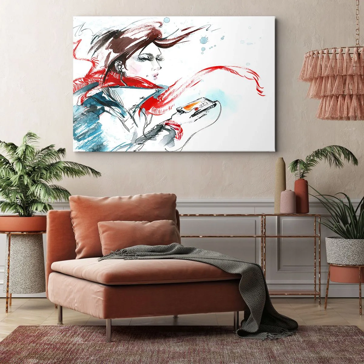 Cuadro sobre lienzo - Impresión de Imagen - Una mujer con un pañuelo rojo con pinceladas dinámicas de acuarela. - 120x80cm - Algo suena dentro de mí - Decoración de pared moderna para salón y dormitorio ARTTOR
