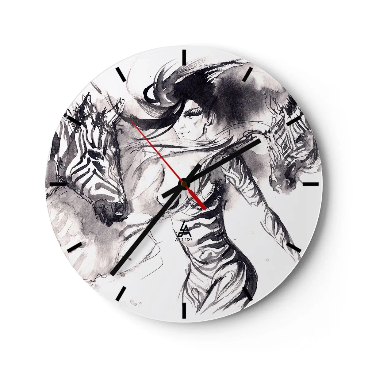 Reloj de pared - Reloj de vidrio - Una mujer en forma artística bailando con dos personas reunidas. - 30x30cm - Bailando con las cebras - Decoración de pared moderna para salón, cocina y dormitorio ARTTOR