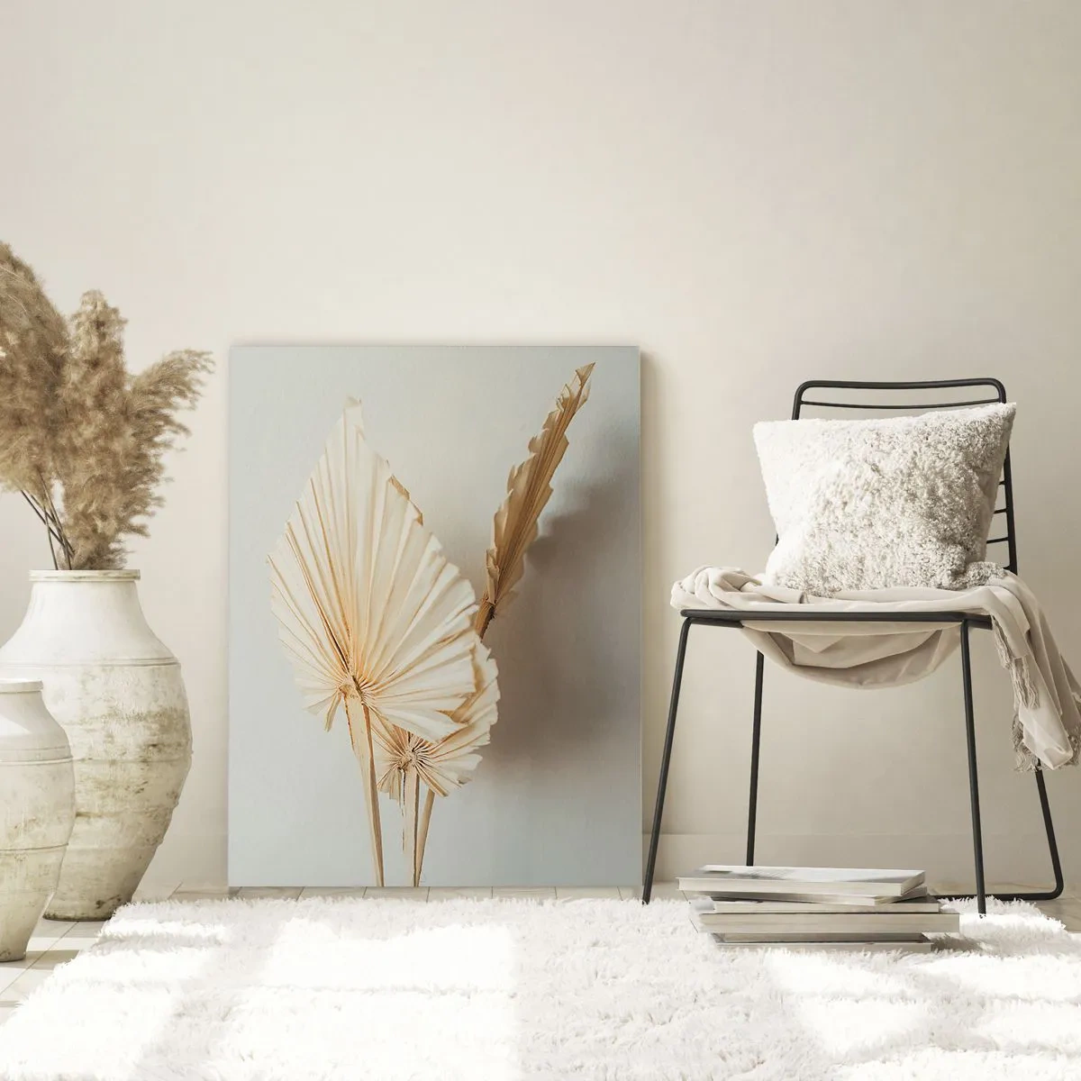 Cuadro sobre vidrio - Impresiones sobre Vidrio - Hojas de palma secas en tonos beige sobre un fondo claro. - 50x70cm - Armonía y consuelo - Decoración de pared moderna para salón y dormitorio ARTTOR
