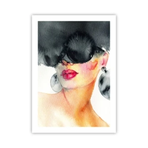 Póster - Retrato en acuarela de una mujer con grandes pendientes y una máscara negra. - 50x70cm - El secreto de la elegancia - Decoración de pared moderna para salón y dormitorio ARTTOR