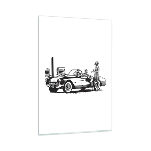 Cuadro sobre vidrio - Impresiones sobre Vidrio - Una escena retro en blanco y negro con un coche y una camarera en patines. - 80x120cm - Años 60 - la América despreocupada - Decoración de pared moderna para salón y dormitorio ARTTOR