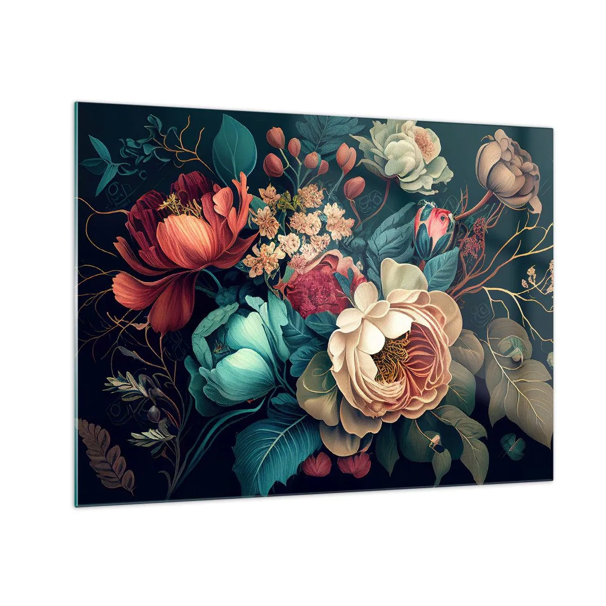 Cuadro sobre vidrio - Impresiones sobre Vidrio - Ramo de flores vintage sobre fondo oscuro - 70x50cm - Encanto del siglo XIX - Decoración de pared moderna para salón y dormitorio ARTTOR