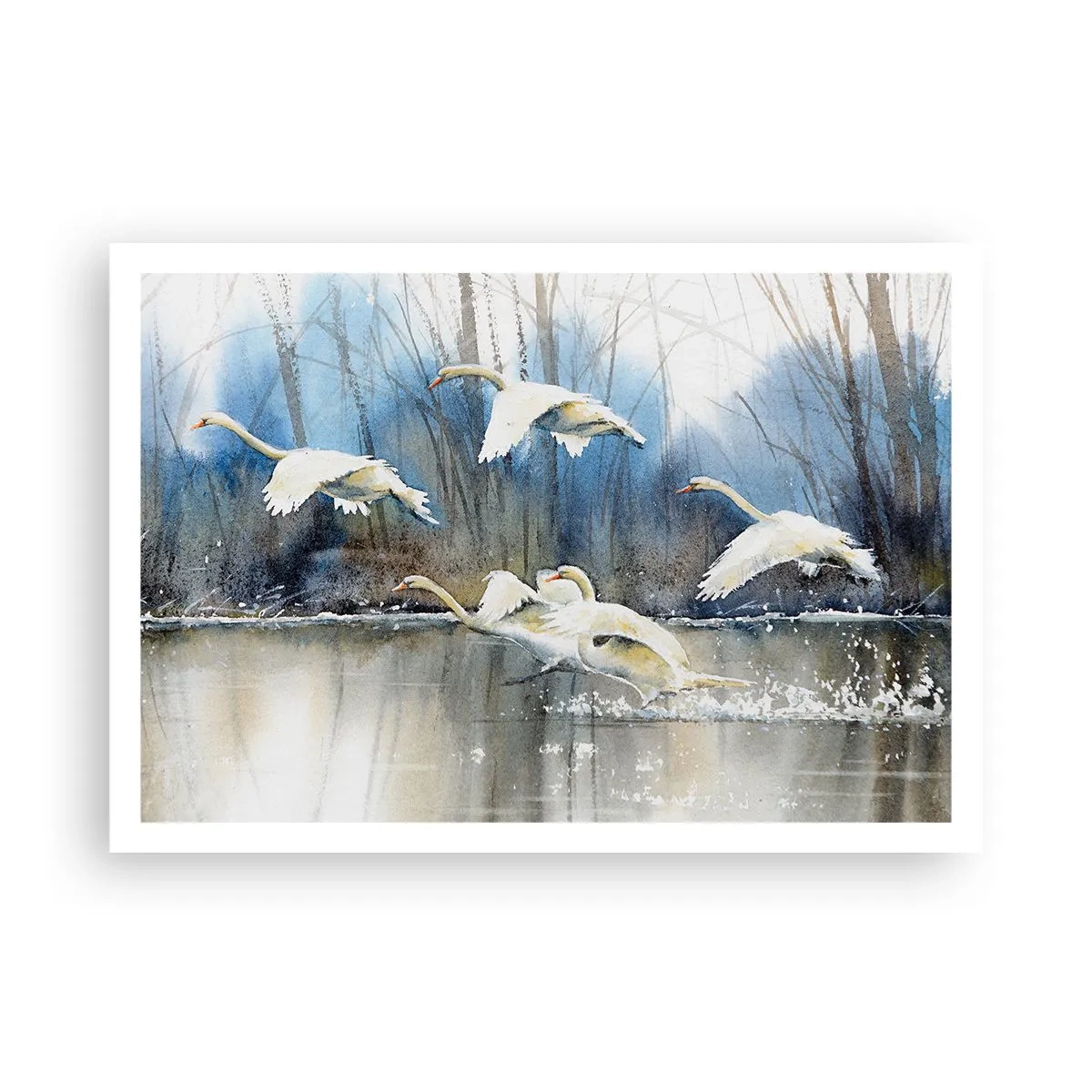 Póster - Cisnes en vuelo sobre un lago congelado en un paisaje invernal - 100x70cm - Como en un cuento de cisnes salvajes - Decoración de pared moderna para salón y dormitorio ARTTOR
