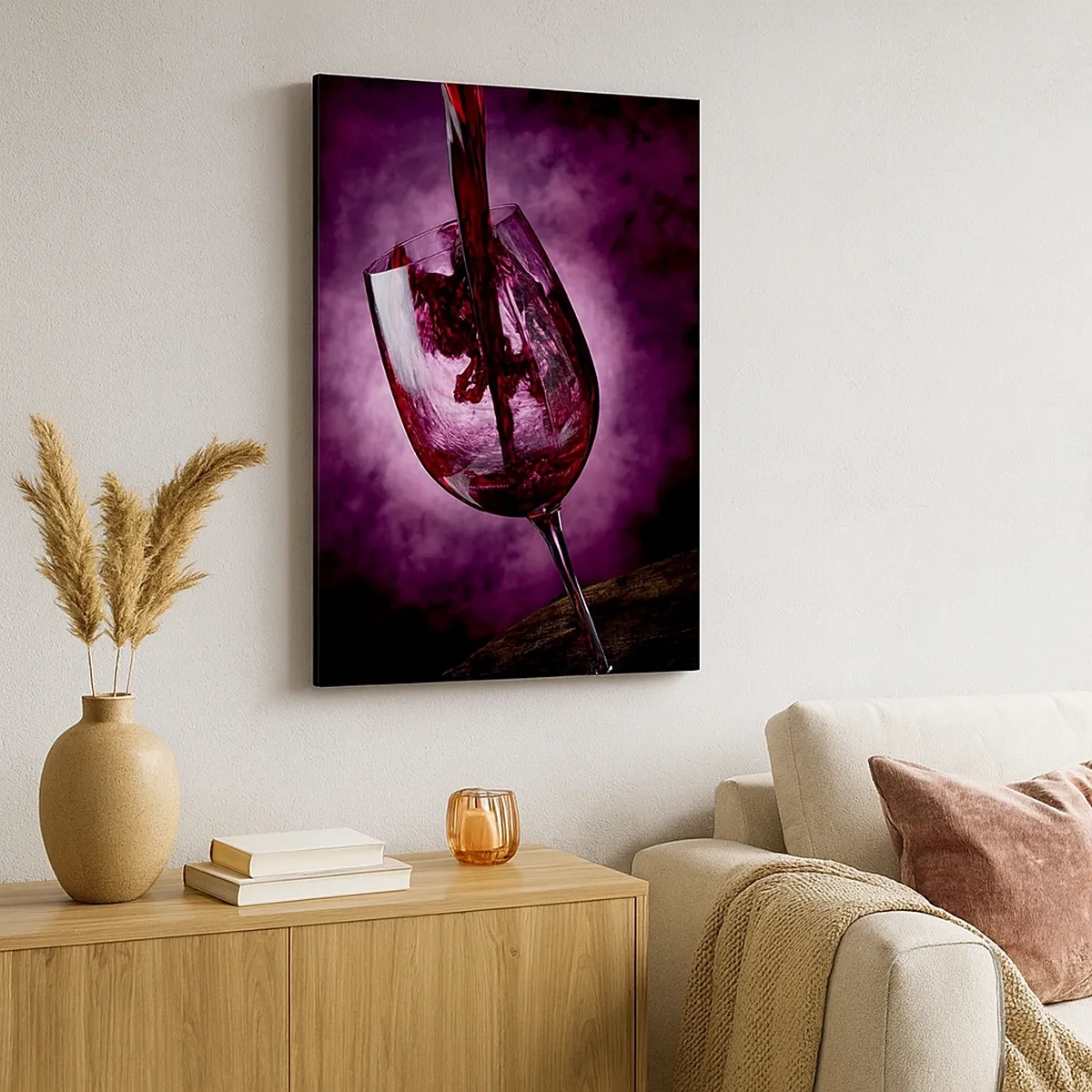 Cuadro sobre lienzo - Impresión de Imagen - Vino tinto vertido en una copa sobre un fondo de humo púrpura. - 50x70cm - ¿Escarlata? ¿Carmín? No, rubí. - Decoración de pared moderna para salón y dormitorio ARTTOR