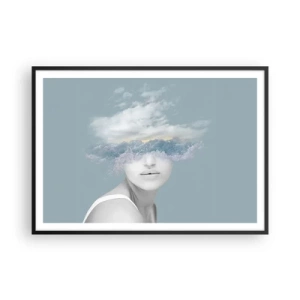Póster en marco negro - Retrato de una mujer con el rostro oculto tras nubes y olas. - 100x70cm - Con la cabeza en las nubes - Decoración de pared moderna para salón y dormitorio ARTTOR