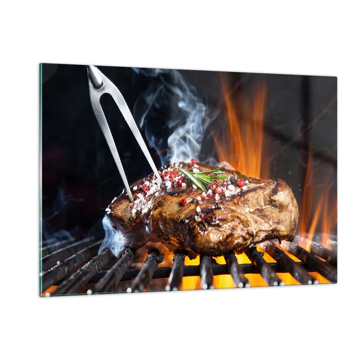 Cuadro sobre vidrio - Impresiones sobre Vidrio - Filete a la parrilla con especias a la parrilla - 120x80cm - Jugoso y fragante - Decoración de pared moderna para salón y dormitorio ARTTOR
