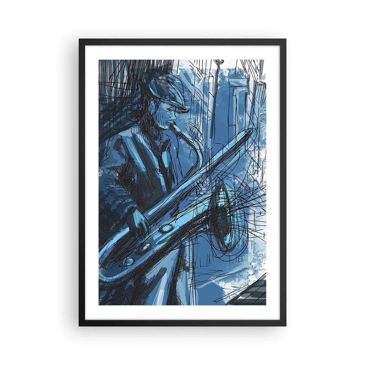 Póster en marco negro - Boceto artístico de un músico tocando el saxofón. - 50x70cm - Rapsodia urbana - Decoración de pared moderna para salón y dormitorio ARTTOR