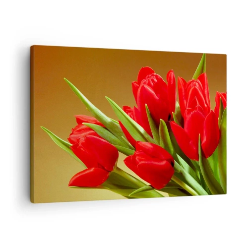 Cuadro sobre lienzo - Impresión de Imagen - Un ramo de tulipanes rojos sobre un fondo dorado con hojas verdes. - 70x50cm - Estallido de alegría primaveral - Decoración de pared moderna para salón y dormitorio ARTTOR