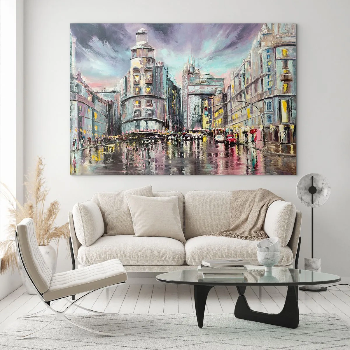 Cuadro sobre vidrio - Impresiones sobre Vidrio - Una calle de la ciudad bajo la lluvia con un espectacular reflejo de las luces. - 100x70cm - Va a ser una buena noche - Decoración de pared moderna para salón y dormitorio ARTTOR