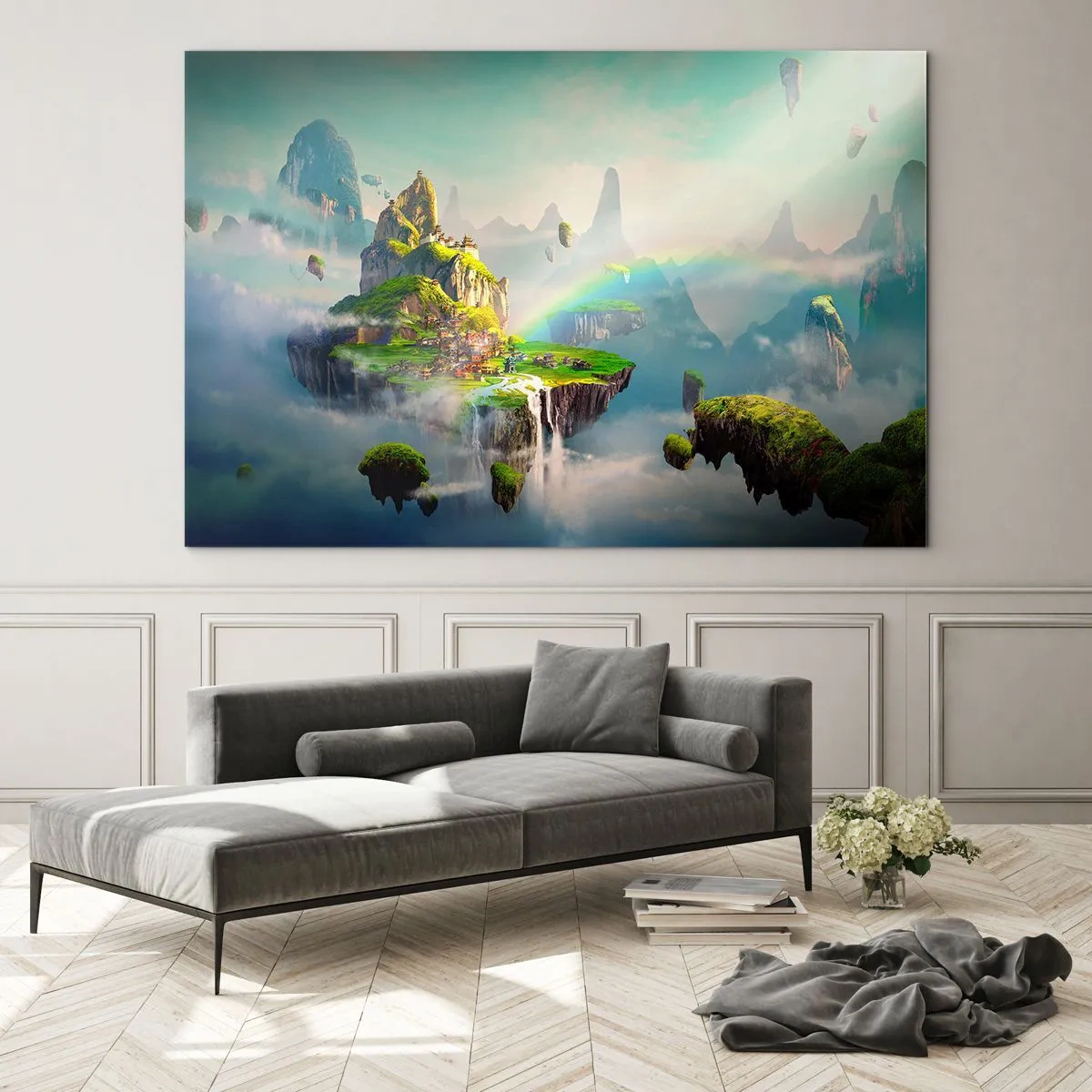 Cuadro sobre vidrio - Impresiones sobre Vidrio - Islas voladoras en las nubes con arcoíris y cascadas. - 70x50cm - El medio de la nada - islas flotantes - Decoración de pared moderna para salón y dormitorio ARTTOR
