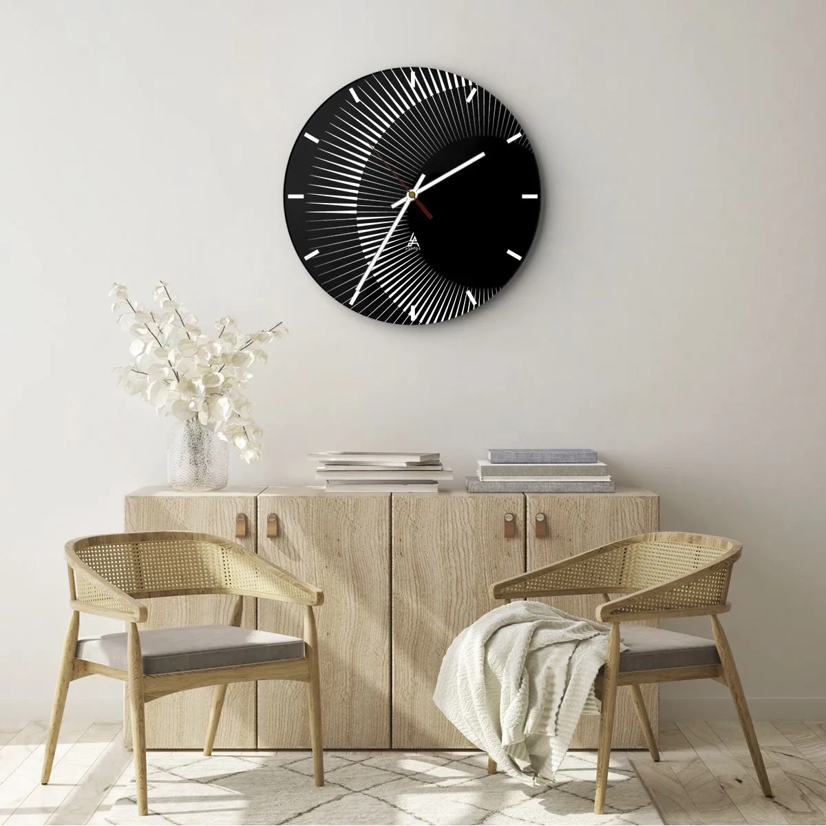 Reloj de pared - Reloj de vidrio - Fondo negro con un patrón radiante en forma de disco solar. - 30x30cm - Sol negro - Decoración de pared moderna para salón, cocina y dormitorio ARTTOR