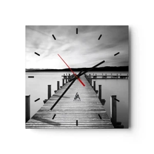 Reloj de pared - Reloj de vidrio - Un embarcadero blanco y negro en un lago tranquilo. - 30x30cm - En el lago de la paz - Decoración de pared moderna para salón y dormitorio ARTTOR