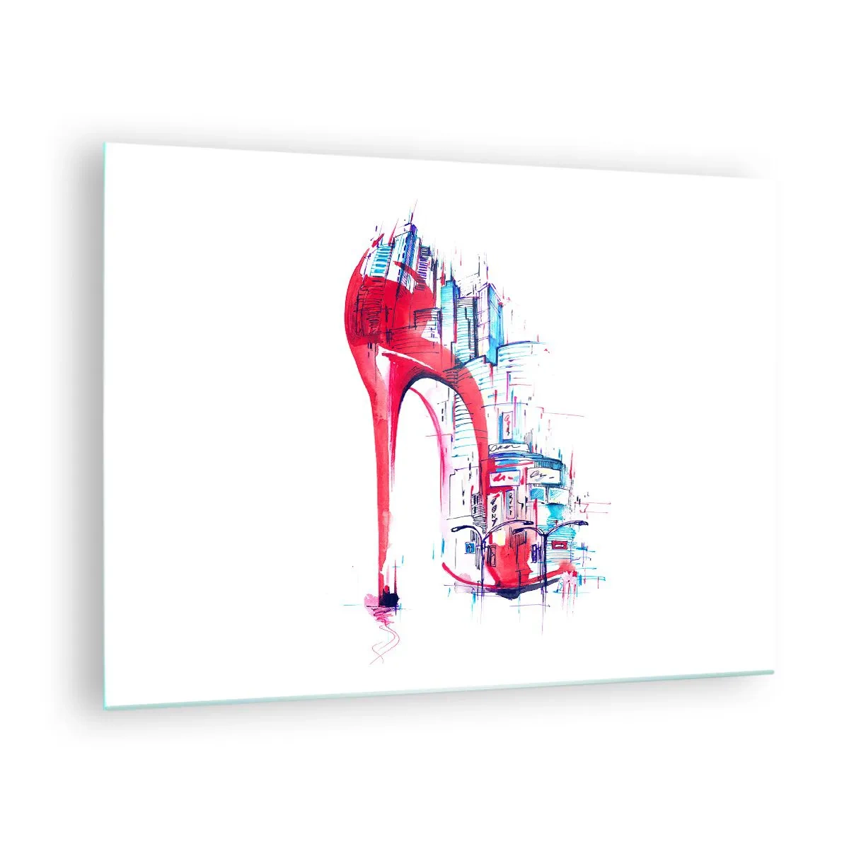 Cuadro sobre vidrio - Impresiones sobre Vidrio - Stiletto rojo con motivo de arquitectura urbana - 70x50cm - Elegancia metropolitana - Decoración de pared moderna para salón y dormitorio ARTTOR