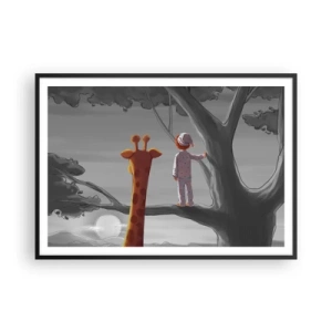 Póster en marco negro - Un niño y una jirafa en la rama de un árbol en un paisaje de cuento de hadas. - 100x70cm - ¿Está sucediendo de verdad? - Decoración de pared moderna para salón y dormitorio ARTTOR
