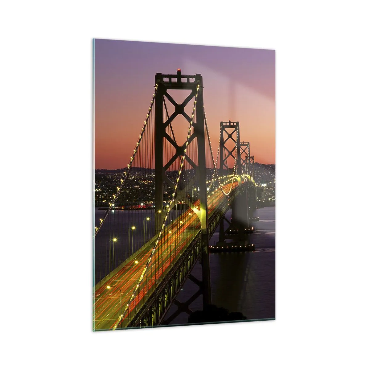 Cuadro sobre vidrio - Impresiones sobre Vidrio - El puente de noche en la ciudad y la luz del atardecer. - 50x70cm - Tarde violeta - Decoración de pared moderna para salón y dormitorio ARTTOR