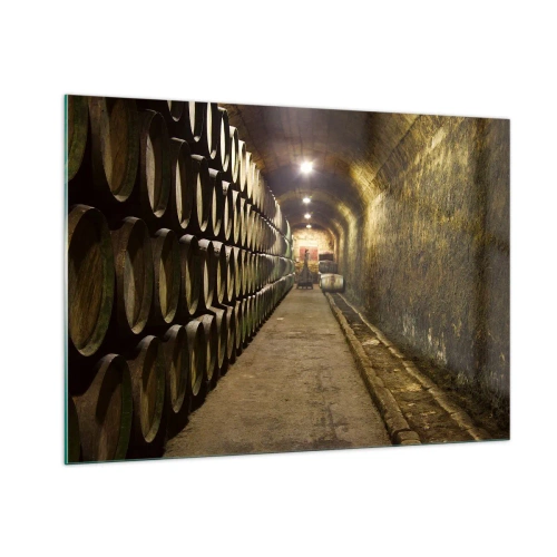Cuadro sobre vidrio - Impresiones sobre Vidrio - Bodega con hileras de barricas - 100x70cm - El placer  - Decoración de pared moderna para salón y dormitorio ARTTOR