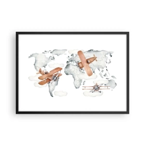 Póster en marco negro - Ilustración de un mapa del mundo con aviones - 70x50cm - Con espíritu pionero - Decoración de pared moderna para salón y dormitorio ARTTOR