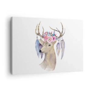 Cuadro sobre lienzo - Impresión de Imagen - Gráfico romántico de ciervo con flores y plumas. - 70x50cm - Guía del alma - gentil, inocente - Decoración de pared moderna para salón y dormitorio ARTTOR