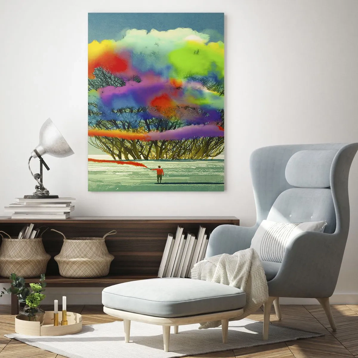 Cuadro sobre vidrio - Impresiones sobre Vidrio - Una figura con humo de colores en el fondo de un árbol en el desierto. - 80x120cm - Dale vida a este mundo - Decoración de pared moderna para salón y dormitorio ARTTOR