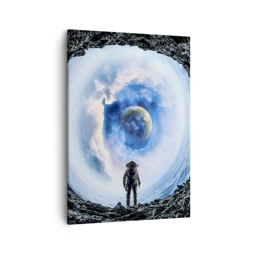 Cuadro sobre lienzo - Impresión de Imagen - Astronauta frente a un paisaje espacial con la Tierra al fondo - 50x70cm - No muy lejos de casa - Decoración de pared moderna para salón y dormitorio ARTTOR