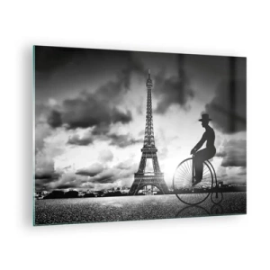 Cuadro sobre vidrio - Impresiones sobre Vidrio - Torre Eiffel con bicicleta retro en blanco y negro - 70x50cm - Añoranza de la Belle Epoque - Decoración de pared moderna para salón y dormitorio ARTTOR