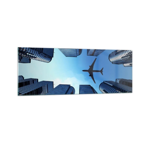Cuadro sobre vidrio - Impresiones sobre Vidrio - Un avión volando sobre modernos rascacielos en el centro de la ciudad. - 140x50cm - La vista desde el abismo de cristal - Decoración de pared moderna para salón y dormitorio ARTTOR