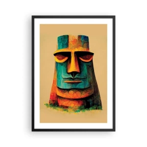Póster en marco negro - Una interpretación colorida de una estatua Moai sobre un fondo beige. - 50x70cm - Escultural, pero simpática - Decoración de pared moderna para salón y dormitorio ARTTOR