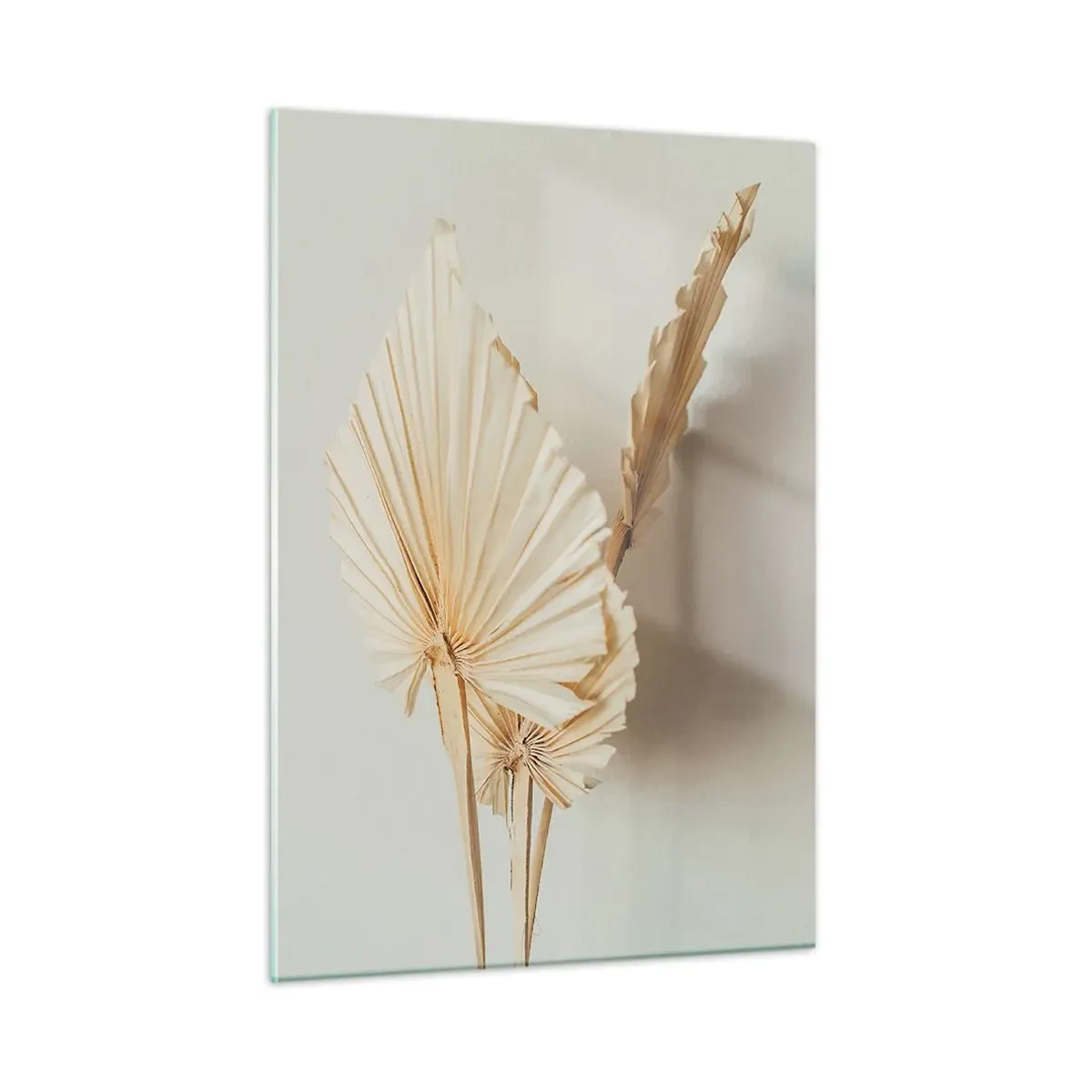 Cuadro sobre vidrio - Impresiones sobre Vidrio - Hojas de palma secas en tonos beige sobre un fondo claro. - 50x70cm - Armonía y consuelo - Decoración de pared moderna para salón y dormitorio ARTTOR