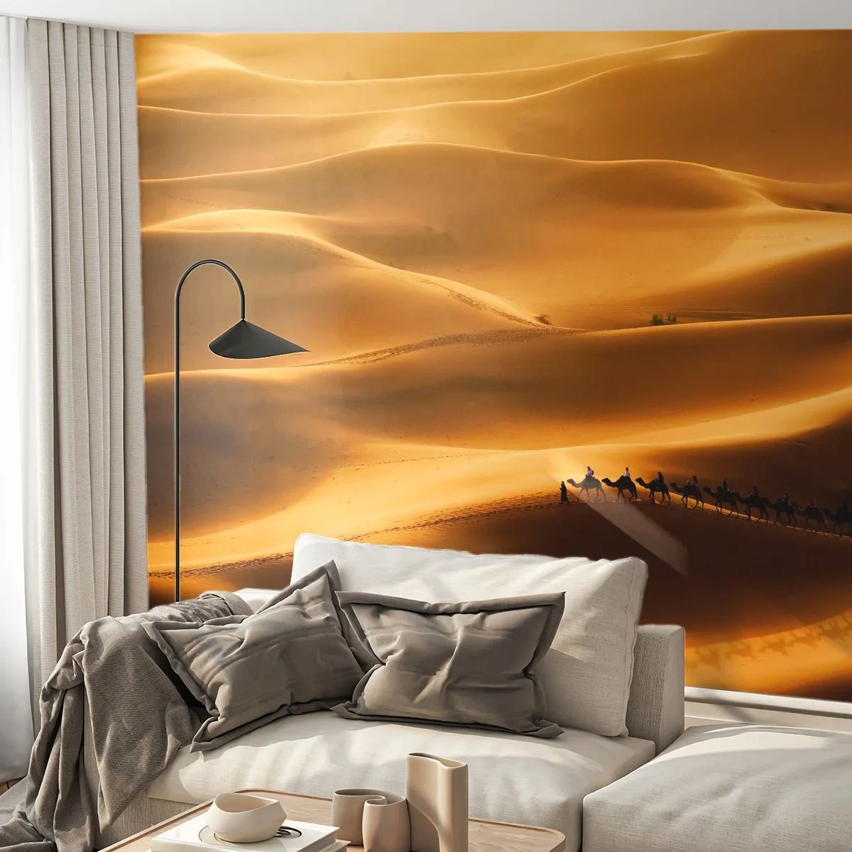 Fotomural Premium Canvas - Caravana sobre las olas del desierto - Paisaje, África, Desierto - 250x175 cm