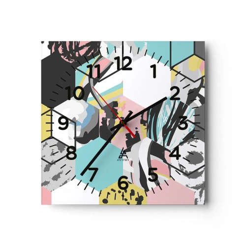 Reloj de pared - Reloj de vidrio - Hexágonos y cubos en seis colores - 30x30 cm