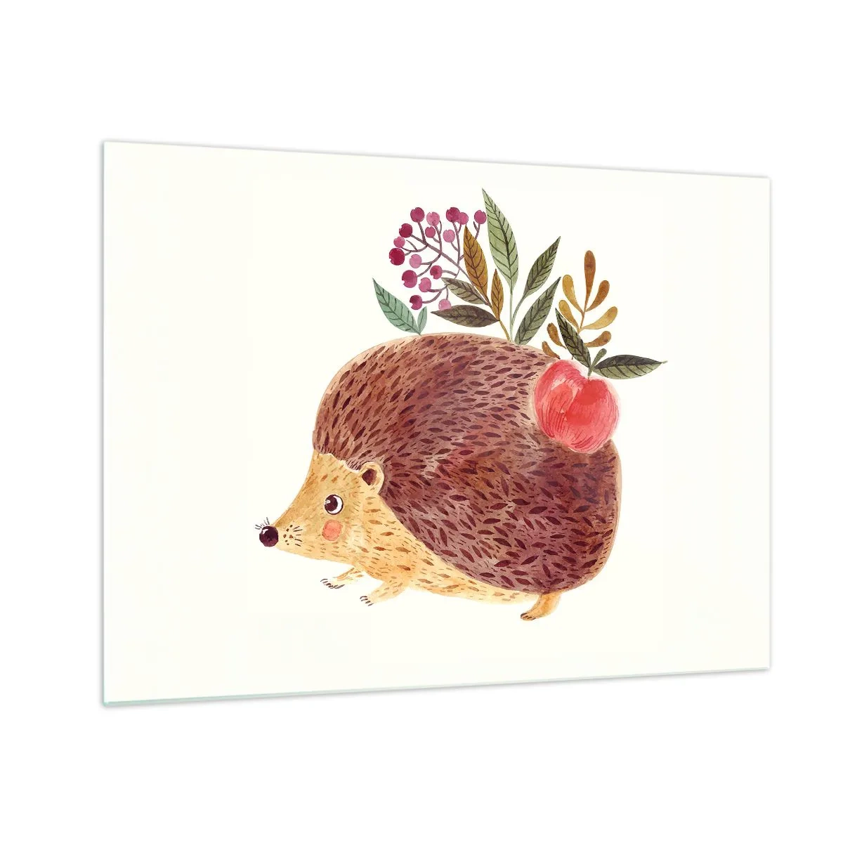 Cuadro sobre vidrio - Impresiones sobre Vidrio - Un erizo de dibujos animados con una manzana y ramitas en la espalda. - 70x50cm - Y ya te gusto - Decoración de pared moderna para salón y dormitorio ARTTOR