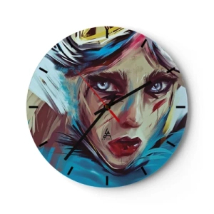 Reloj de pared - Reloj de vidrio - Un retrato expresivo de una mujer en colores intensos. - 30x30cm - Guerrera colorida - Decoración de pared moderna para salón, cocina y dormitorio ARTTOR