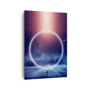 Cuadro sobre lienzo - Impresión de Imagen - Un paisaje mágico con una figura y un círculo de luz por la noche. - 70x100cm - Ya están aquí... - Decoración de pared moderna para salón y dormitorio ARTTOR